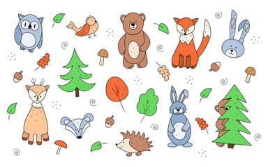 Obraz premium Vector set of colored drawings of forest animals, doodle style. Bear fox owl hare hedgehog badger trees.