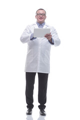 in full growth. a competent doctor using a digital tablet