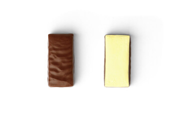 Two banana souffle in chocolate sweets isolated on white background.