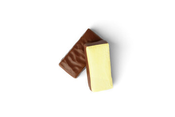 Two banana souffle in chocolate sweets isolated on white background.