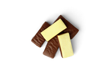 Banana souffle in chocolate sweets isolated on white background.