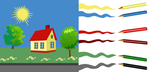 Six colorful pencils drawing the sky, the sun, the field with trees, the house and the flowers on the edge of road. Vector illustration. Pencils and their lines isolated on white background.