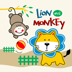 lions monkeys playing cartoon vector illustration