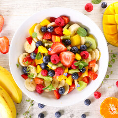 Fototapeta na wymiar fruit salad with banana, mango and berry fruit