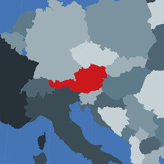 Shape of Austria in context of neighbor countries. Country highlighted with red color on world map. Austria map template. Vector illustration.