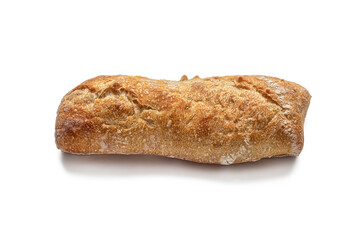 Small mini baguette, with a crisp golden crust on a white background