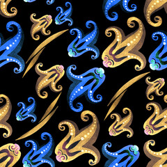 A pattern of yellow and blue bells on a black background. It can be used in printing, textiles, posters, drawings on dishes.