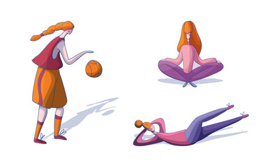 Woman Sitting in Yoga Pose, Playing Basketball and Doing Abdominal Crunches Vector Set