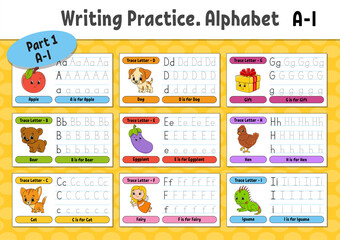 Writing letters. Set tracing page. Practice sheet. Worksheet for kids. Learn alphabet. Cute characters. Vector illustration. Cartoon style.