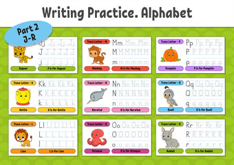 Writing letters. Set tracing page. Practice sheet. Worksheet for kids. Learn alphabet. Cute characters. Vector illustration. Cartoon style.