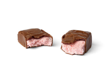 Strawberry souffle in chocolate sweets isolated on white background.