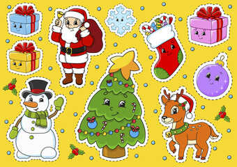 Set of stickers with cute cartoon characters. Christmas theme. Hand drawn. Colorful pack. Vector illustration. Patch badges collection. Label design elements. For daily planner, diary, organizer.