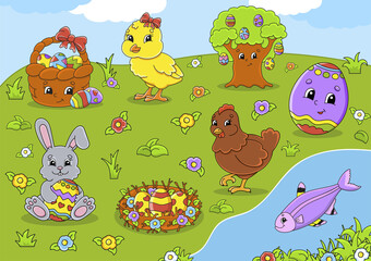 Naklejka premium Set of cute cartoon characters. Easter clipart. Hand drawn. Colorful pack. Vector illustration. Patch badges collection. Label design elements. For daily planner, diary, organizer.