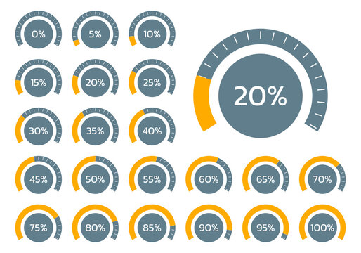 Percent chart set. Percentage gauge meter for business infographics. Loading speedometer with progress bar. Vector illustration.