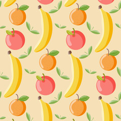 Seamless fresh fruits vector background. Cartoon illustration