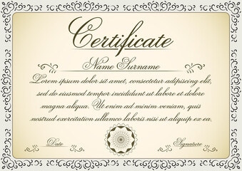 A4 size certificate of appreciation vector illustration with retro frame and stamp. Retro diploma template design to use for wedding cards, invitations and school diploma.