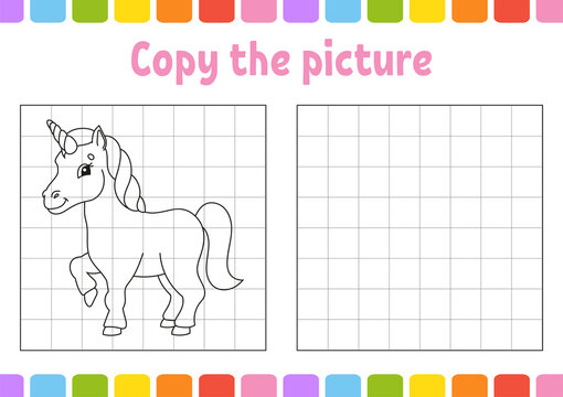 Copy the picture. Coloring book pages for kids. Education developing worksheet. Game for children. Handwriting practice. Funny character. Cute cartoon vector illustration.