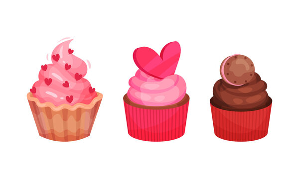 Saint Valentine Day Festive Attributes and Symbols with Cupcakes Vector Set