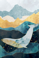 abstract landscape illustration concept with gold, marble, watercolor mountain and whale. Abstract wallpaper and background