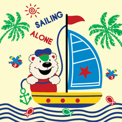 bear sailing alone sea cartoon vector 