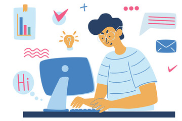 Guy working at a computer, business, office, programmer. The working process. Business project or startup concept. Multitasking. Vector illustration in cartoon style