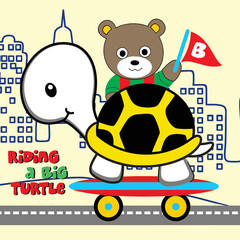 bear riding cute big turtle cartoon 
