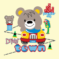 bear riding car together city cartoon 