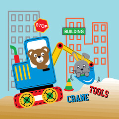 bear rabbit on crane vector cartoon 