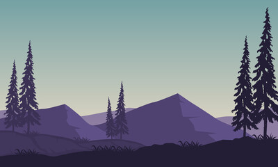Gorgeous Mountain views in the morning in the countryside with the silhouette of cypress trees around it. Vector illustration