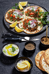 ground Lamb Flatbreads with yogurt, top view