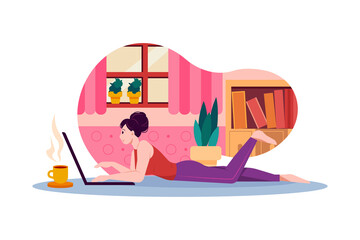 Easy Study And Research. Student girl laying on the floor and doing her study with a laptop and hot tea