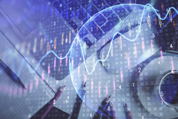 Double exposure of financial chart drawing over table background with computer. Concept of research and analysis. Top view.