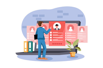 Employer choosing the best candidate on background of laptop screen.