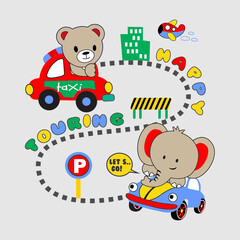 bear elephant ride car cartoon vector 