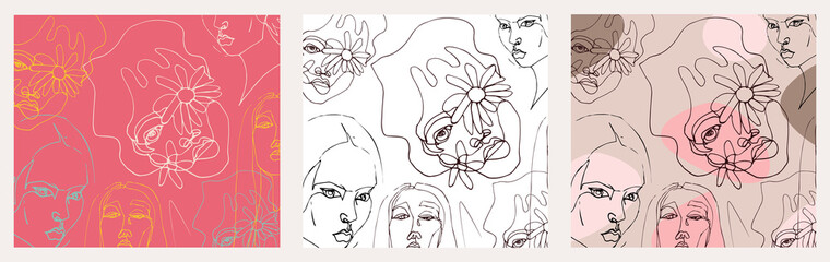 Women's faces in one line art style with flowers.Continuous line art in elegant style for prints, tattoos, posters, textile, cards. Beautiful women face portrait pattern