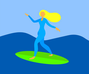 The blonde woman is surfing. Cartoon. Vector illustration.