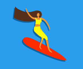 Young beautiful woman surfing. Cartoon. Vector illustration.
