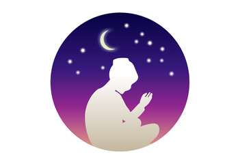 Praying boy on night sky background. Poster for muslim religion holiday Ramadan Kareem.