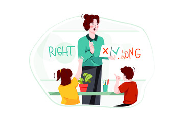 Guiding Students Wrong Or Right. Teacher guiding her students about wrong or right work in society