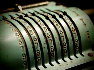 Vintage Soviet mechanical calculator detail. Vintage office equipment.