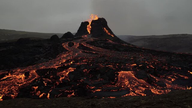 Volcanic eruption Iceland 2021 cone and lava flow wide