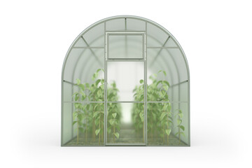 A farm greenhouse for growing plants, flowers. Front view. Clipart. 3d rendering