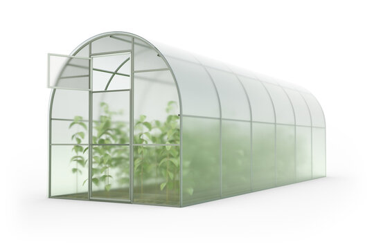 A farm greenhouse for growing plants, flowers. Front side view. Clipart. 3d rendering