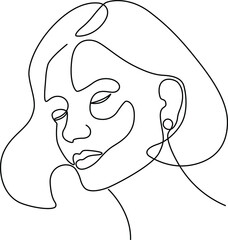 Face line woman illustration. Minimalistic vector art. Black and white. White background. One line drawing.