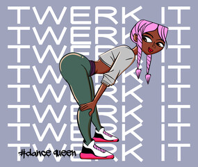 Twerk poster design. Cartoon style girl. Poster for booty dance course or battle. Vector illustration.