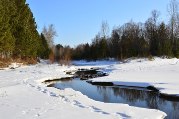 Russian winter in Siberia, the river Maltine, which does not freeze in winter. The morning sun in November.