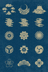 Abstract Art Japanese Gold Icon Design Cloud, Crescent Moon, Mountain, Fuji, Horizontal Cloud, Bush, Flower, Sakura, Firework, Wave Repeat Pattern,  Hand Fan Icons on Deep Blue Background Vector