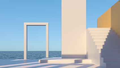 Arcade and steps in ocean, sea  - paradise view. White stone sculpture. Podium, pedestal for mockup design. Sunny summer advertising composition. Empty space for mockup. 3d render illustration