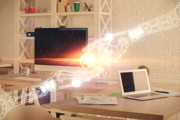 Multi exposure of data theme drawing and office interior background. Concept of technology.