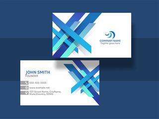 Front And Back View Of Business Card Template On Blue Background.